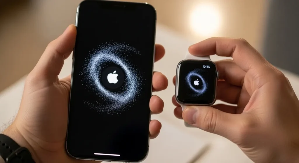 Yaz Explore - 6 reasons why the ๐ Apple Watch โ is great for travel A person pairing their new Apple Watch with their iPhone, a simple and seamless setup process By Yaz Explore | YazExplore