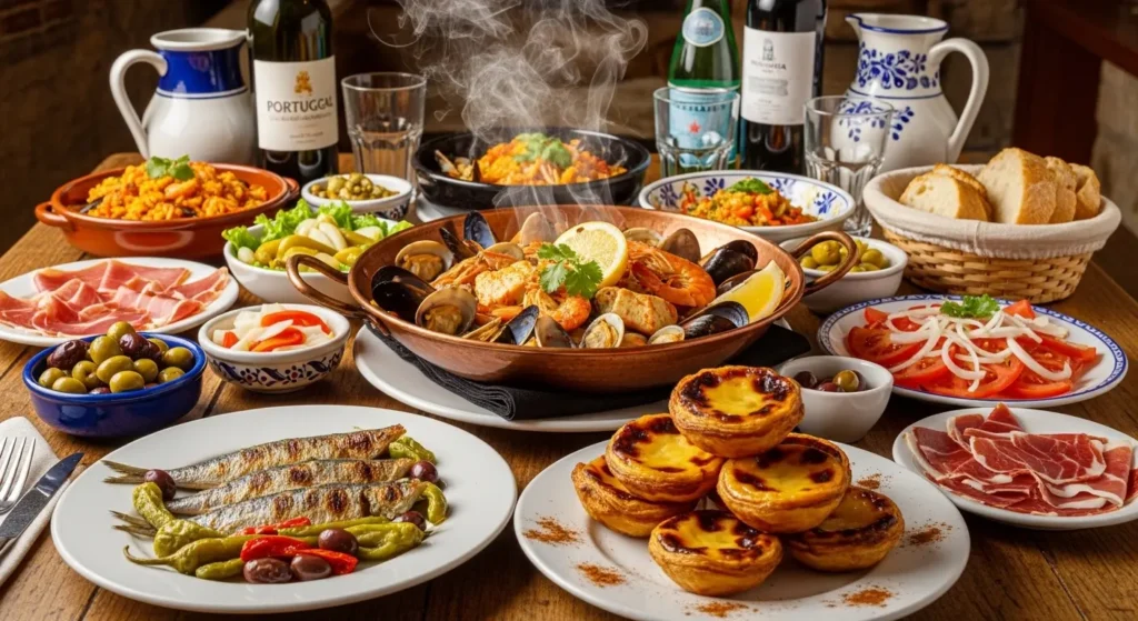 Traditional Portuguese food spread featuring grilled sardines, seafood cataplana, and pastel de nata pastries on a rustic table