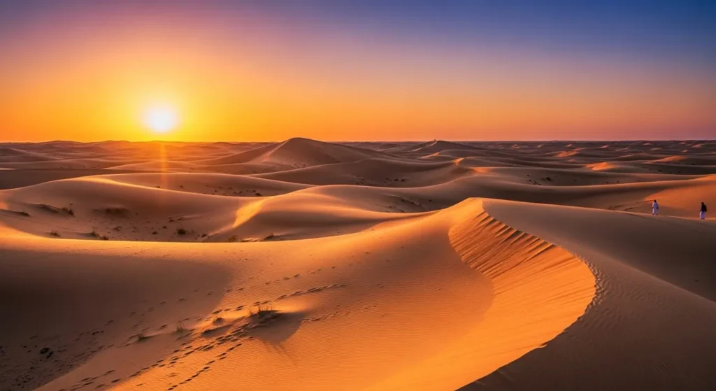 Golden sand dunes at sunset in Saudi Arabia, perfect for an adventure vacation