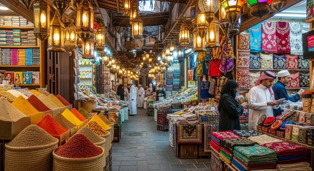 Traditional Saudi Arabian souk selling spices and colorful lanterns
