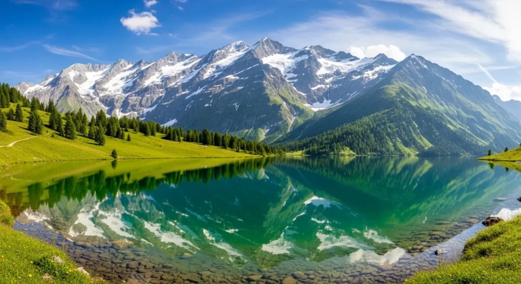 Beautiful Alpine lake in Austria surrounded by majestic mountains during summer