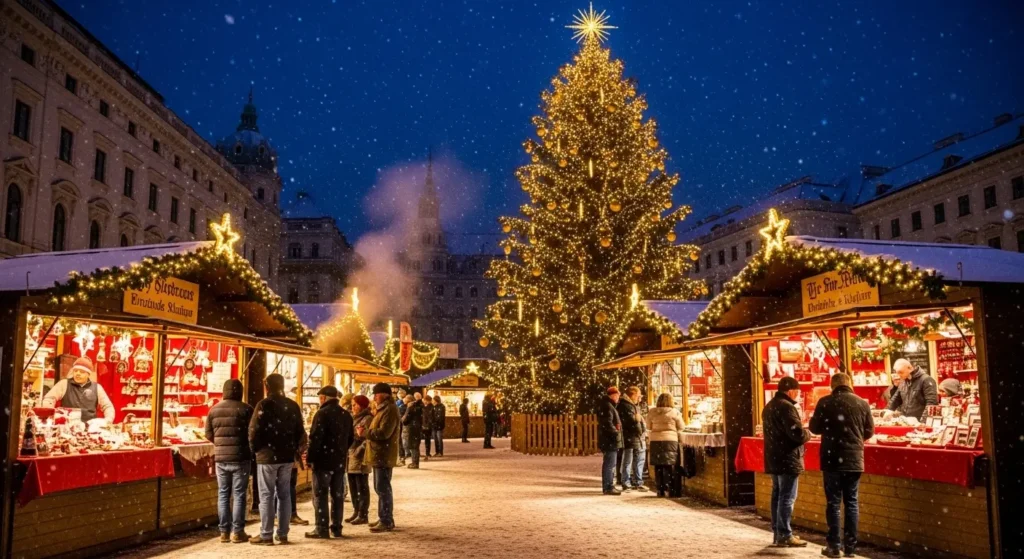 Traditional Austrian Christmas market in Vienna with snow and festive lights
