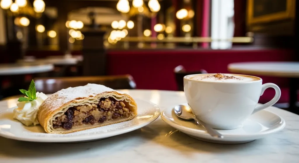 Traditional Viennese coffee house serving Apfelstrudel and Melange coffee