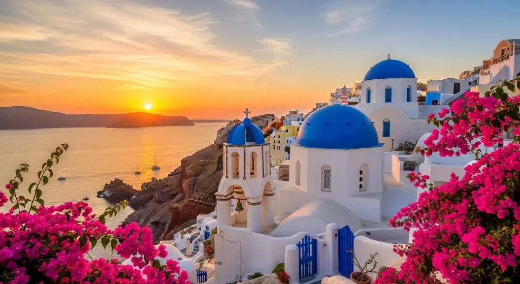 EXPLORE - Your Best Greece Vacation 🇬🇷 | The Planning Paradise Guide✈️ Beautiful Santorini sunset over whitewashed houses and blue dome churches in Greece, perfect for a Mediterranean vacation