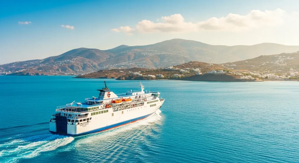 EXPLORE - Your Best Greece Vacation 🇬🇷 | The Planning Paradise Guide✈️ White passenger ferry boat sailing through the turquoise Aegean Sea to a Greek island destination during a summer vacation