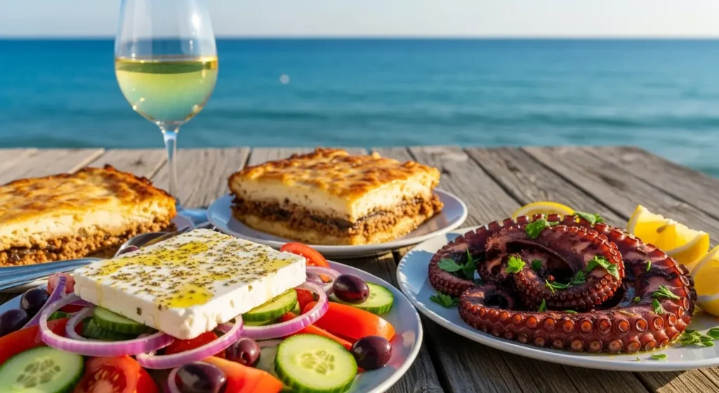 EXPLORE - Your Best Greece Vacation 🇬🇷 | The Planning Paradise Guide✈️ Traditional Greek food including authentic feta salad, grilled octopus, and moussaka served at an oceanfront taverna