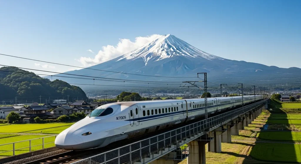 Shinkansen bullet train passing Mount Fuji on a sunny day in Japan