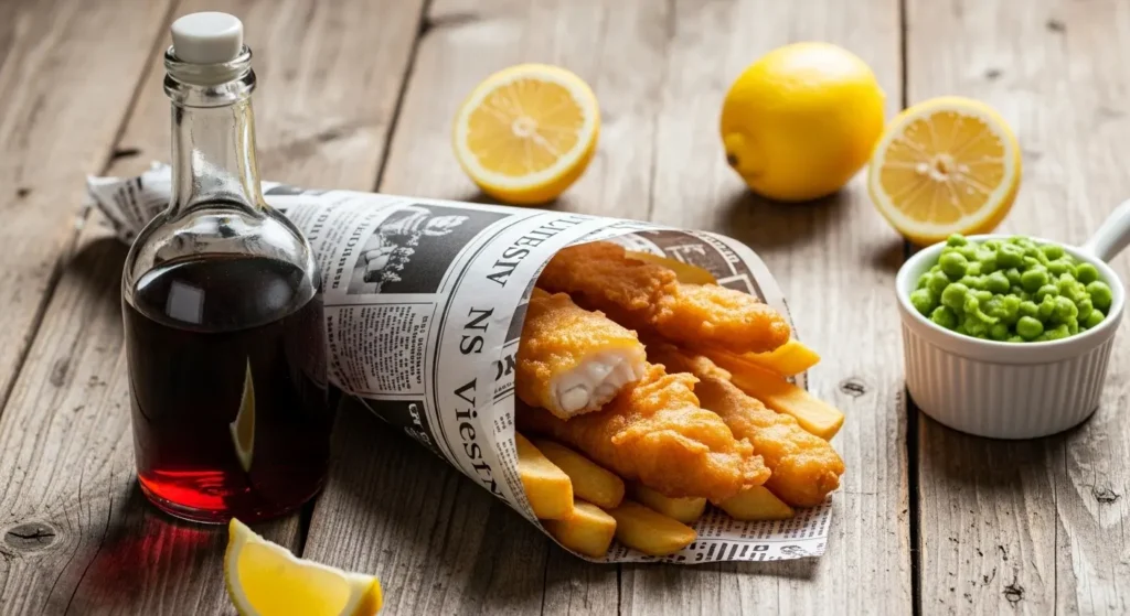 EXPLORE - 🇬🇧 United Kingdom Food Secrets| The Beginner’s Guide to Amazing British Cuisine 🍽️ Traditional British Fish and Chips served in newspaper with mushy peas on a wooden table