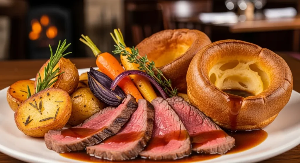 EXPLORE - 🇬🇧 United Kingdom Food Secrets| The Beginner’s Guide to Amazing British Cuisine 🍽️ A delicious and traditional British Sunday Roast dinner with beef, vegetables, and Yorkshire puddings