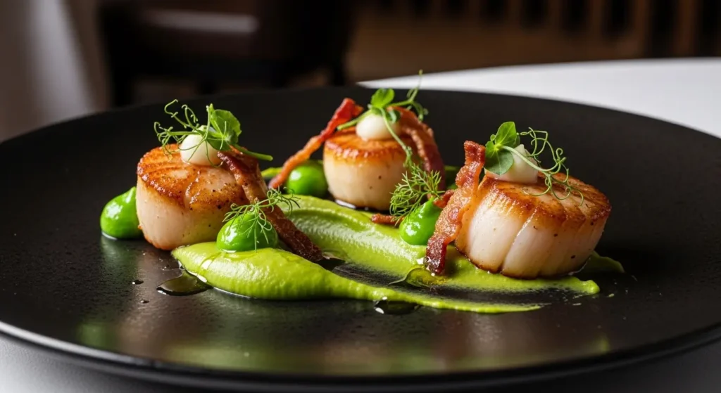 EXPLORE - 🇬🇧 United Kingdom Food Secrets| The Beginner’s Guide to Amazing British Cuisine 🍽️ Modern British fine dining dish with pan-seared scallops and pea purée
