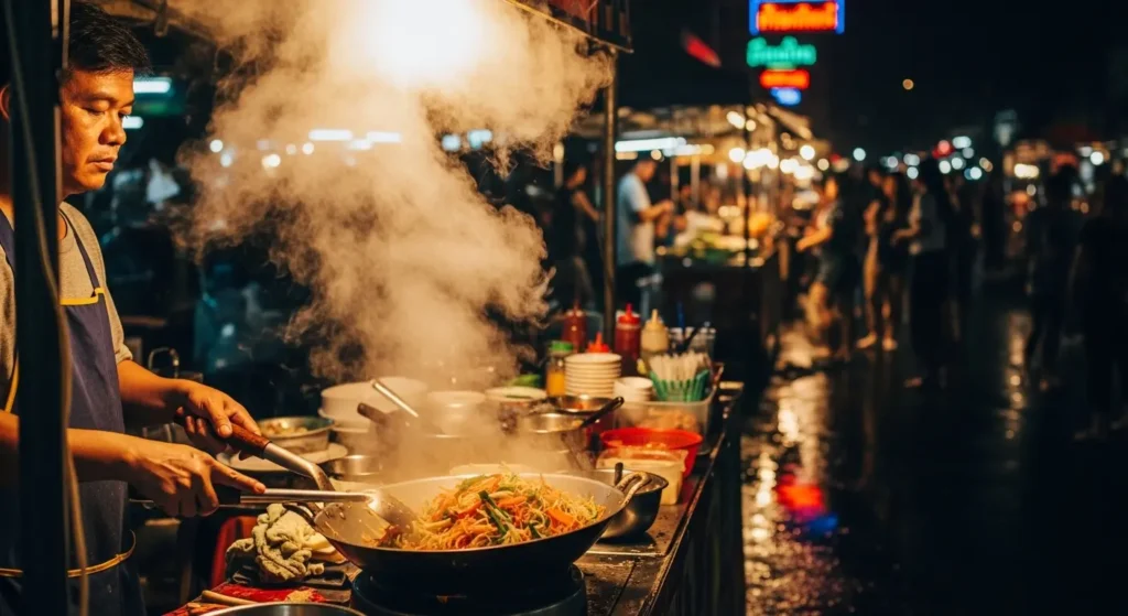 Traditional Thai street food vendor cooking fresh Pad Thai in a wok at a bustling Bangkok night market