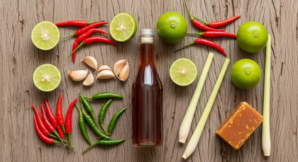 Essential Thai cooking ingredients including fresh chilies, lemongrass, limes, and fish sauce on a wooden board