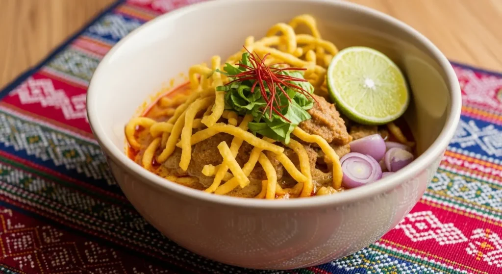 A bowl of authentic Northern Thai Khao Soi curry noodle soup topped with crispy noodles and lime