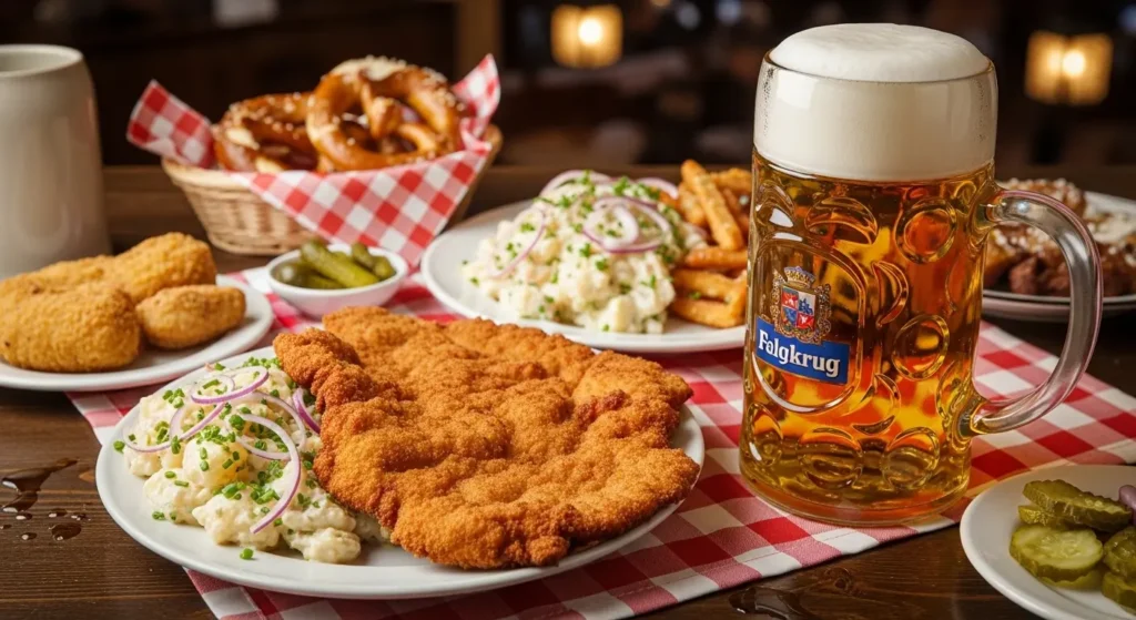Traditional German food spread featuring a golden schnitzel, potato salad, and a large beer stein in a bustling Bavarian beer hall