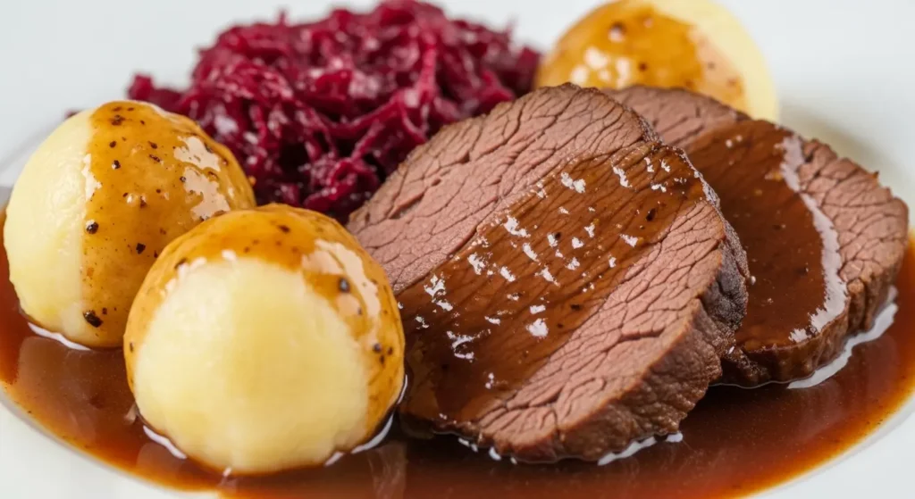 Authentic German Sauerbraten dinner with slow-cooked beef, rich gravy, red cabbage, and potato dumplings on a rustic plate