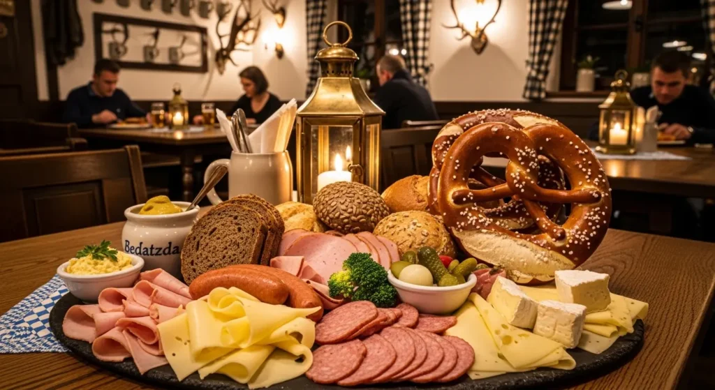 Traditional German Brotzeit platter with fresh bread, meats, and cheeses served in a cozy Bavarian Gasthaus