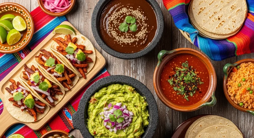 EXPLORE - 🌮 Mexican Food Uncovered| A Beginner’s Secret Guide to Authentic Flavors A vibrant spread of authentic Mexican food including tacos al pastor, mole poblano, and guacamole on a wooden table.