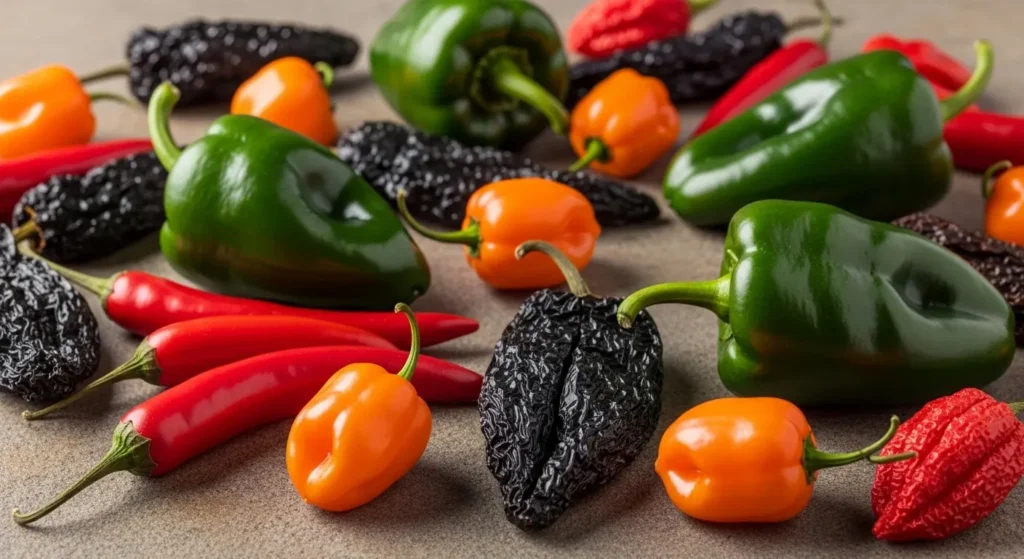 EXPLORE - 🌮 Mexican Food Uncovered| A Beginner’s Secret Guide to Authentic Flavors Fresh and dried Mexican chili peppers including poblano, habanero, and ancho chilies used for authentic cooking