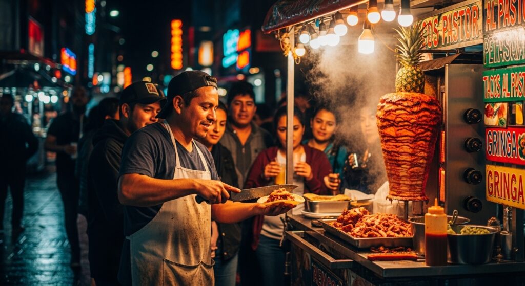 EXPLORE - 🌮 Mexican Food Uncovered| A Beginner’s Secret Guide to Authentic Flavors A bustling Mexican street food market at night with a vendor cooking authentic tacos al pastor on a trompo