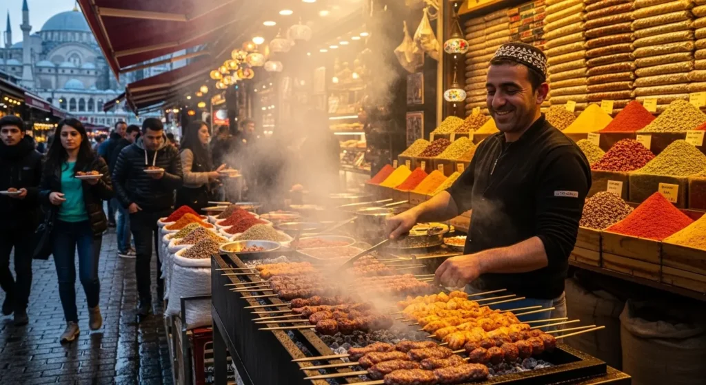 A bustling Istanbul street food vendor grilling traditional Turkish kebabs over an open fire
