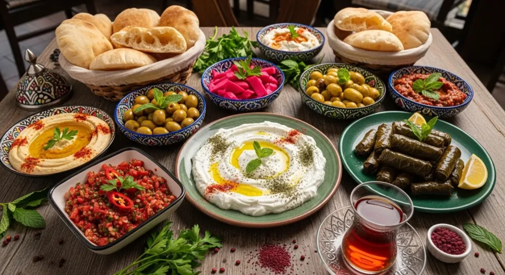 Traditional Turkish meze spread with Haydari, Ezme, and Dolma served with fresh bread