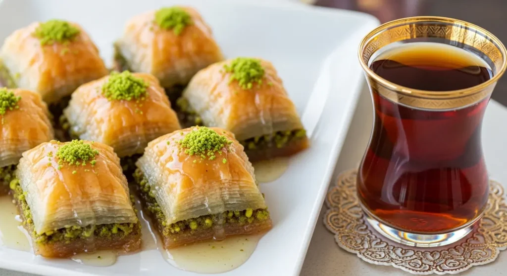Authentic Turkish baklava with crushed pistachios served alongside traditional Turkish black tea