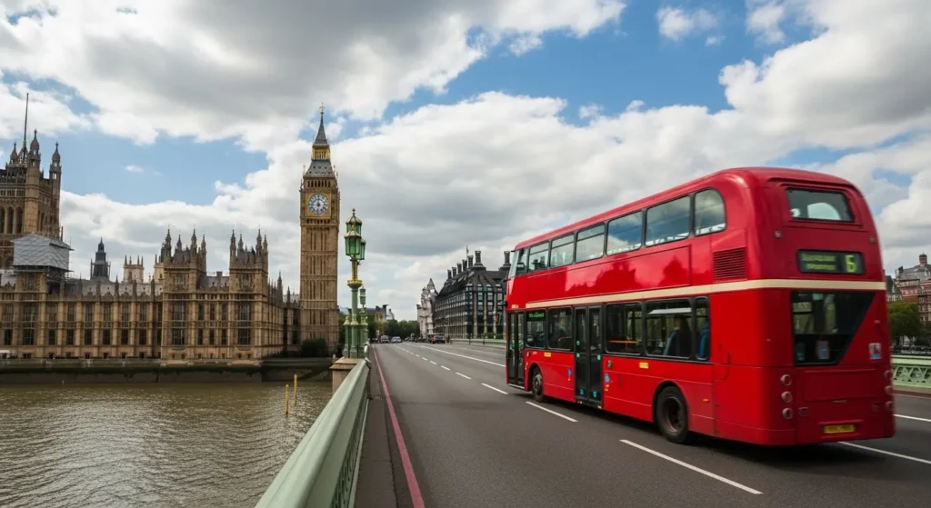 EXPLORE - 🇬🇧 Your First United Kingdom Vacation| A Beginner’s Guide to an Unforgettable Trip ✨ Classic red double-decker bus and Big Ben in London for a United Kingdom vacation itinerary