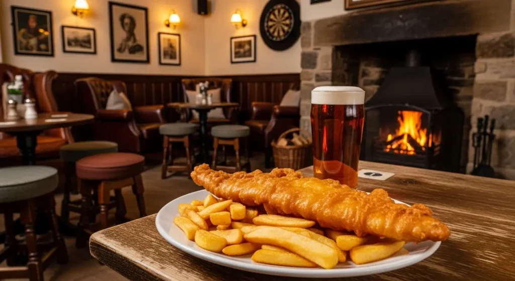 EXPLORE - 🇬🇧 Your First United Kingdom Vacation| A Beginner’s Guide to an Unforgettable Trip ✨ Traditional British pub food featuring fish and chips and ale during a UK holiday