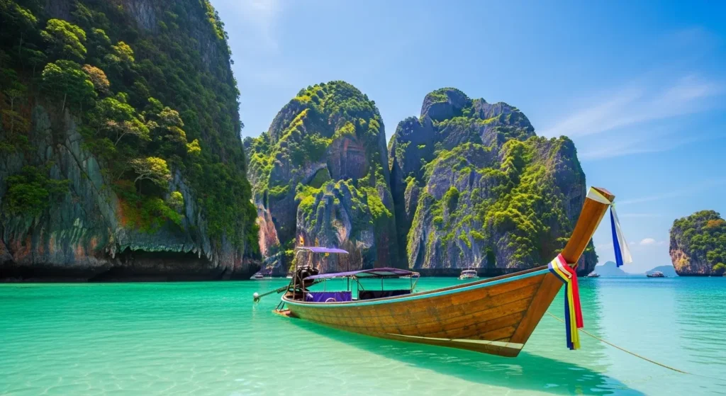  Traditional Thai longtail boat in crystal clear turquoise water near limestone cliffs during a Thailand vacation By Yaz Explore | YazExplore