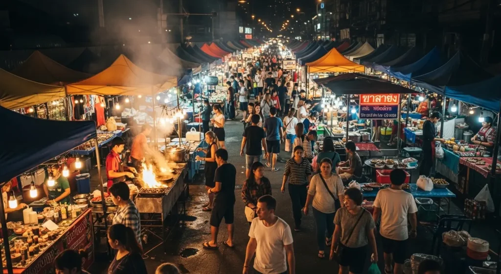 Colorful glowing tents and sizzling street food stalls at a bustling night market in Bangkok, Thailand By Yaz Explore | YazExplore