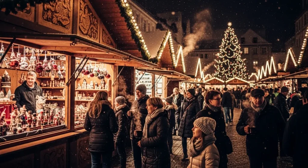 Festive German Christmas market with illuminated stalls and warm mulled wine By Yaz Explore | YazExplore
