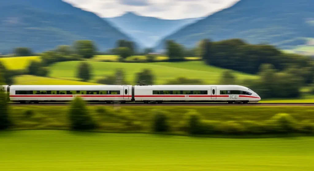 Deutsche Bahn ICE train traveling quickly through the scenic German countryside By Yaz Explore | YazExplore