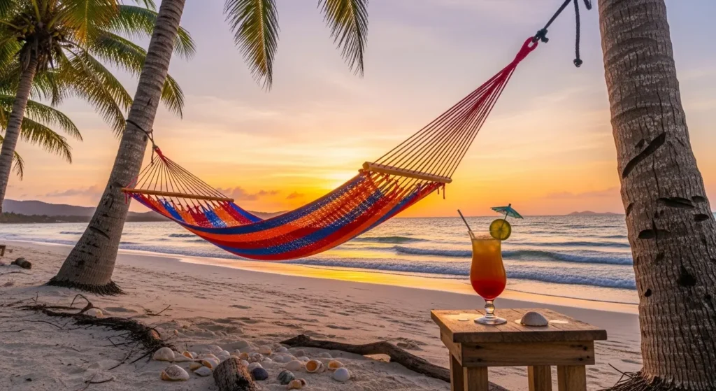 A relaxing beach scene in Mexico with a hammock on a white sand beach for a perfect beginner vacation getaway By Yaz Explore | YazExplore