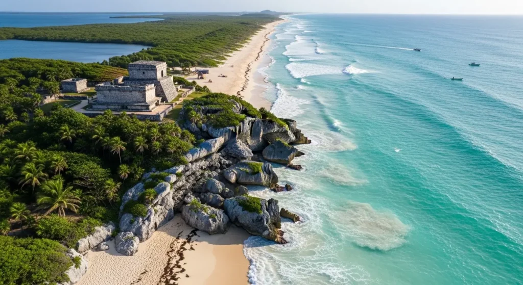 Aerial view of ancient Mayan ruins in Tulum on the Caribbean Coast with turquoise waters and eco-chic resorts  By Yaz Explore | YazExplore