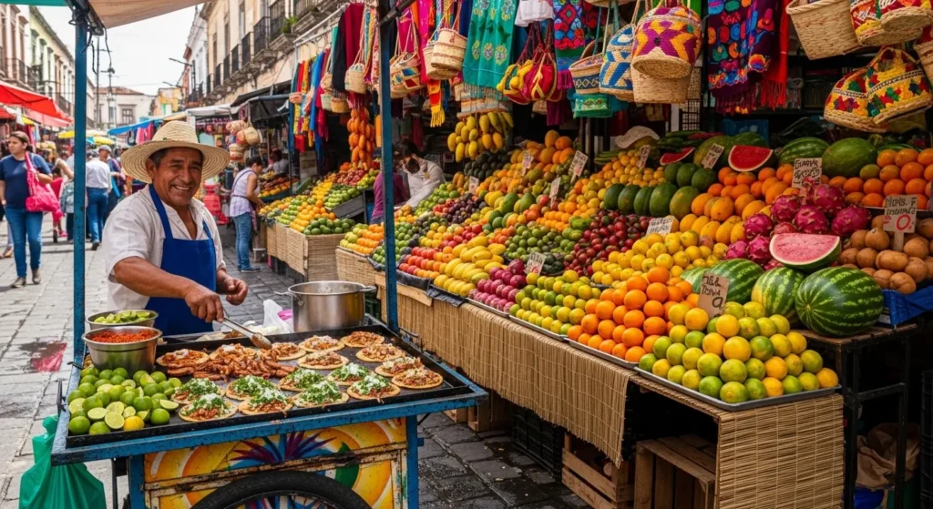 Vibrant local Mexican market showcasing colorful produce, traditional crafts, and authentic street food experiences for tourists By Yaz Explore | YazExplore
