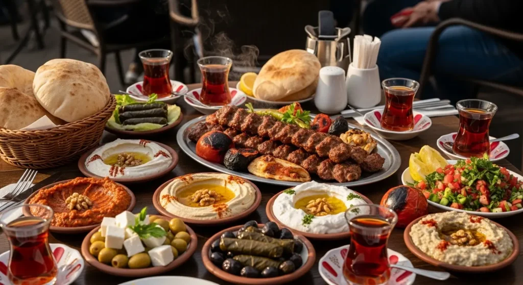 TraditionalTurkishfoodspreadwithmezeandteainanIstanbulcafe By Yaz Explore | YazExplore