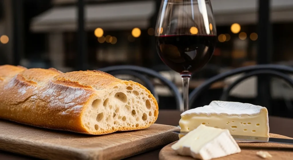  Traditional French food featuring a crusty baguette, Brie cheese, and red wine at a local café By Yaz Explore | YazExplore