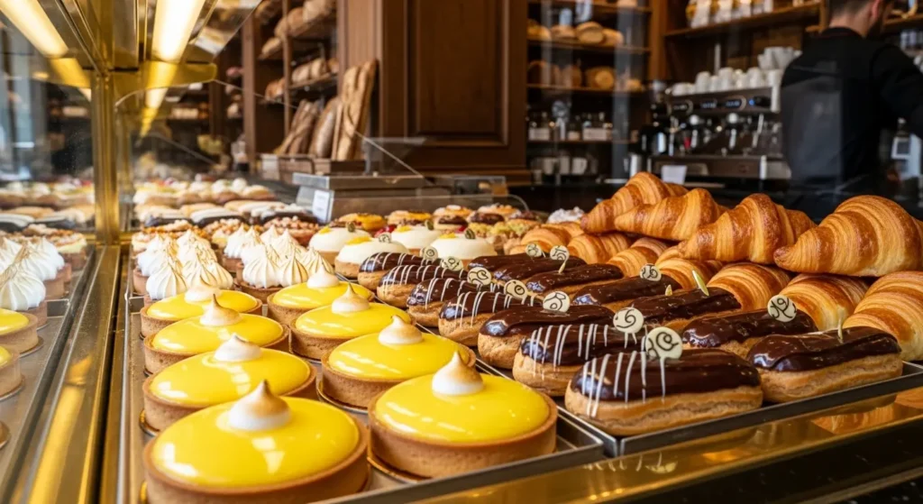 Colorful pastries and croissants displayed inside a traditional French bakery or pâtisserie By Yaz Explore | YazExplore