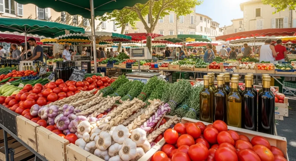Fresh organic vegetables and herbs at a traditional outdoor farmers market in Provence, France By Yaz Explore | YazExplore