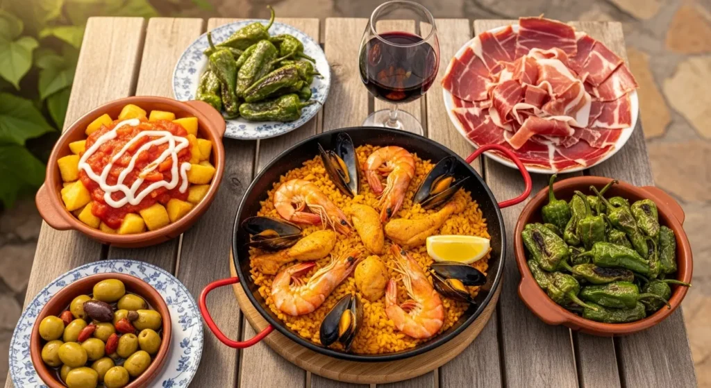 Traditional Spanish food spread featuring paella, tapas, and Jamón Ibérico on a rustic table By Yaz Explore | YazExplore