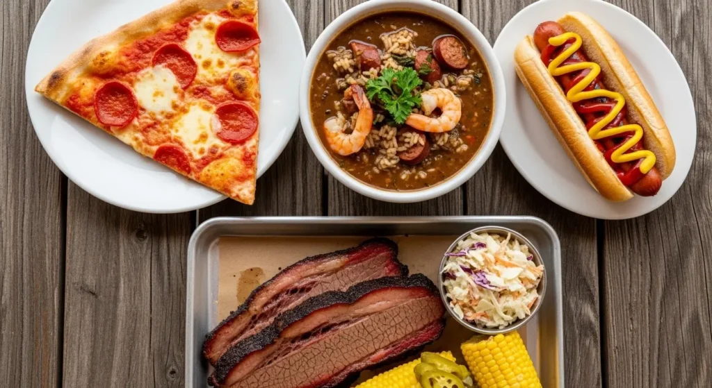 Yaz Explore - 🗽 United States Food| A Delicious Melting Pot 🍔🗽 A diverse spread of traditional American foods showcasing the cultural melting pot of United States cuisine. By Yaz Explore | YazExplore