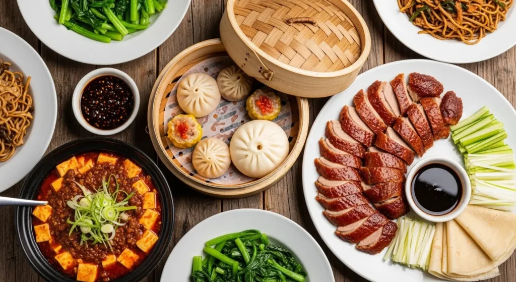 A diverse spread of authentic Chinese food dishes, including dim sum, mapo tofu, and Peking duck on a wooden dining table By Yaz Explore | YazExplore