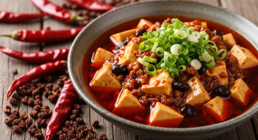 Close up of spicy, authentic Sichuan Mapo Tofu in a bowl garnished with scallions and red chilies By Yaz Explore | YazExplore