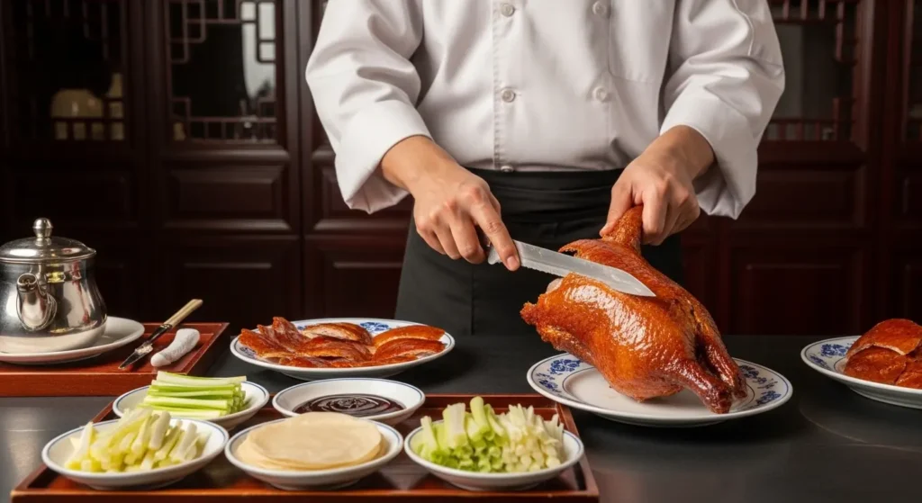 Chef carving crispy traditional Peking duck next to Chinese pancakes and hoisin sauce in an authentic restaurant By Yaz Explore | YazExplore