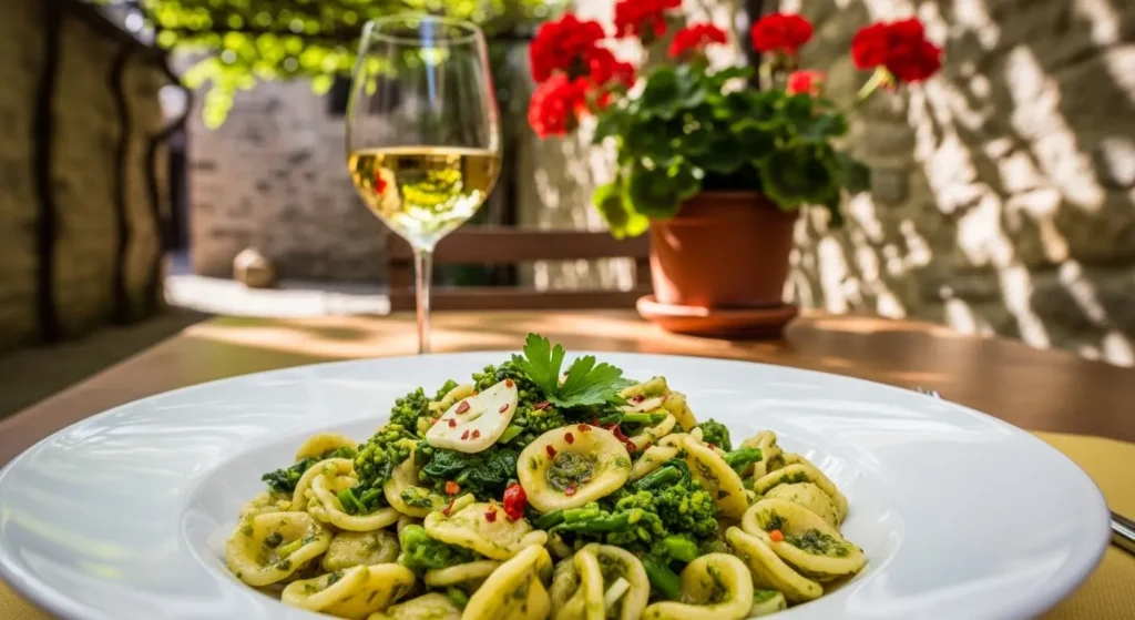 Orecchiette con Cime di Rapa, a traditional pasta dish from Puglia, Italy, served outdoors By Yaz Explore | YazExplore