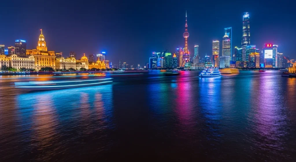 Shanghai Pudong skyline at night featuring the Oriental Pearl Tower for first-time China travelers By Yaz Explore | YazExplore