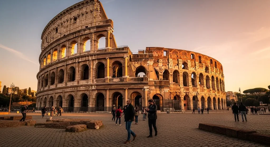 The ancient Colosseum in Rome bathed in golden hour sunlight during a first-time vacation to Italy.By Yaz Explore | YazExplore