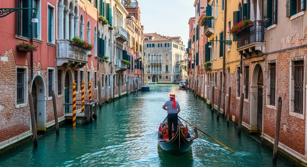 A traditional gondola gliding down a colorful, narrow canal in Venice, Italy By Yaz Explore | YazExplore