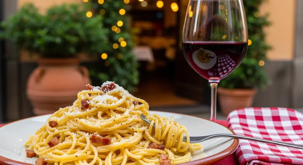 Authentic Italian pasta and red wine served at an outdoor trattoria in Italy By Yaz Explore | YazExplore