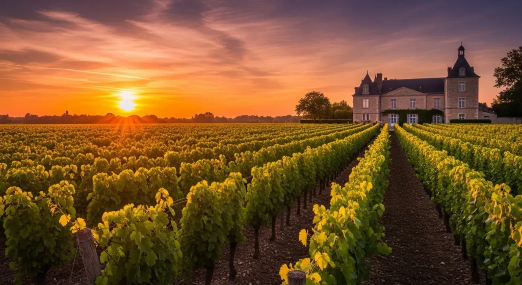  Scenic vineyard in Bordeaux France with rustic chateau at sunset By Yaz Explore | YazExplore